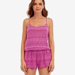 NEW Lucky Brand Swim Coverup Romper Pink Aztec Style Print Pockets Sz M NWT